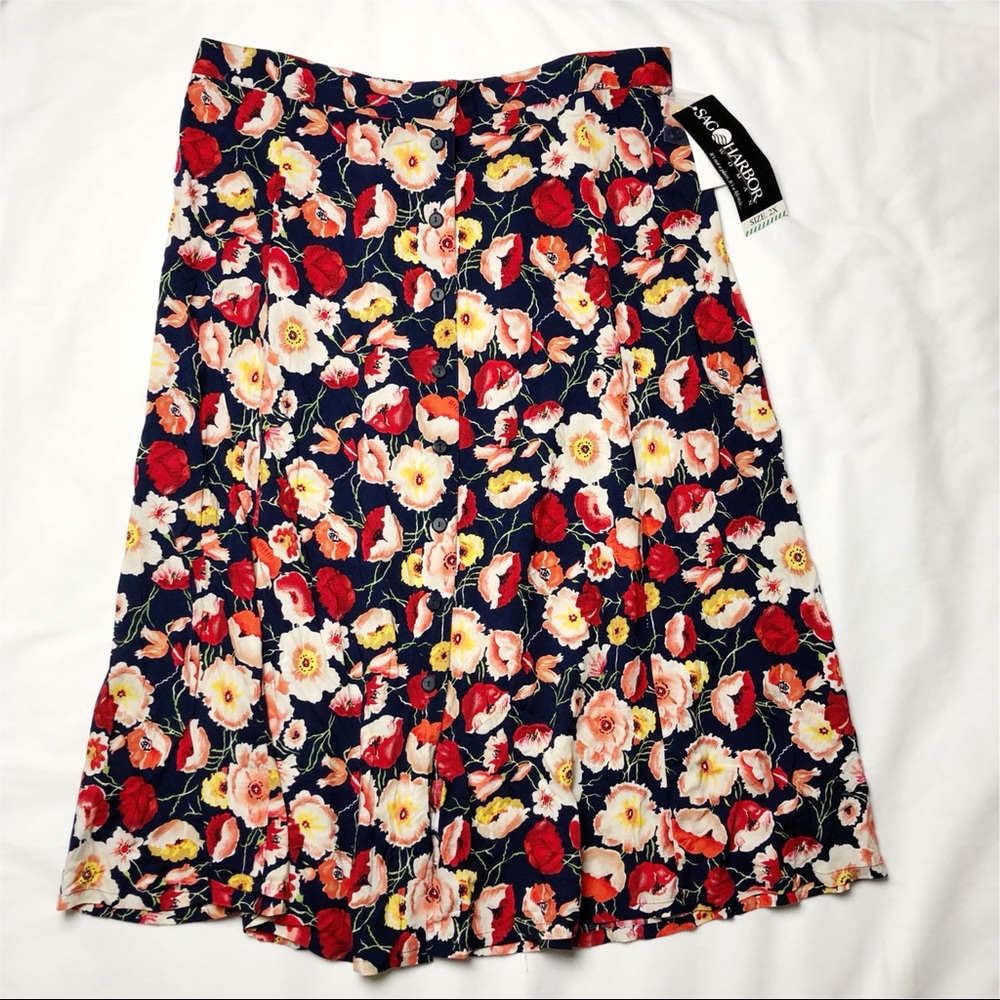 Vintage 80s 90s Sag Harbor Navy Button Front Floral Poppy Maxi Skirt Size 2X